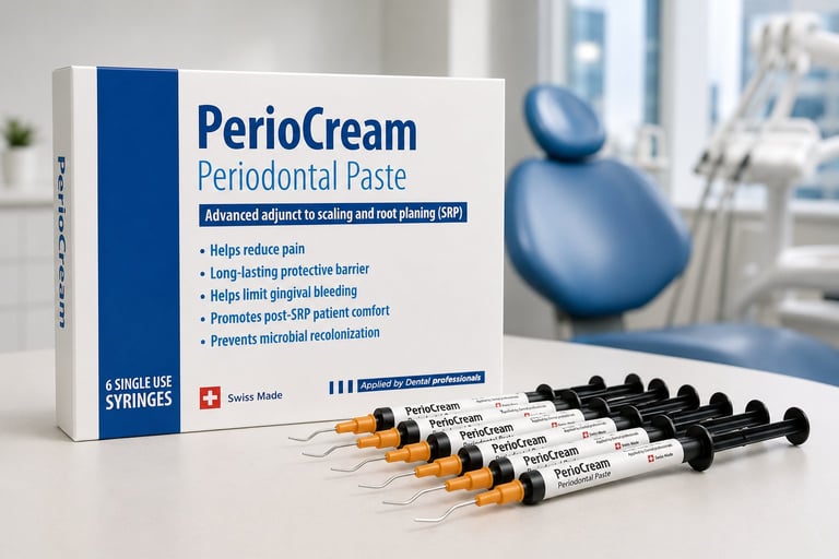 PerioCream Periodontal Paste product box with multiple dental syringes displayed in front, showing application tools in a dental office setting.
