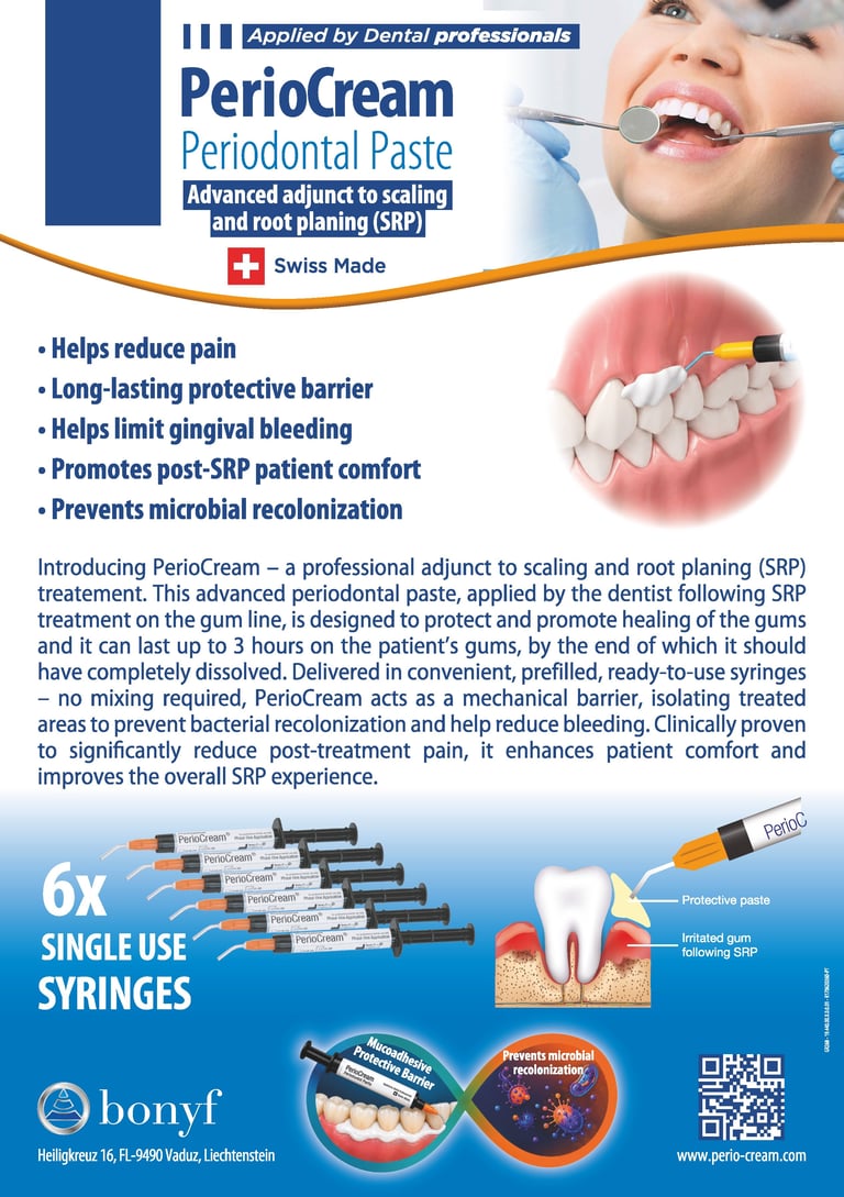 PerioCream Periodontal Paste product package showing dental application, benefits, and single-use syringes for post-scaling treatment
